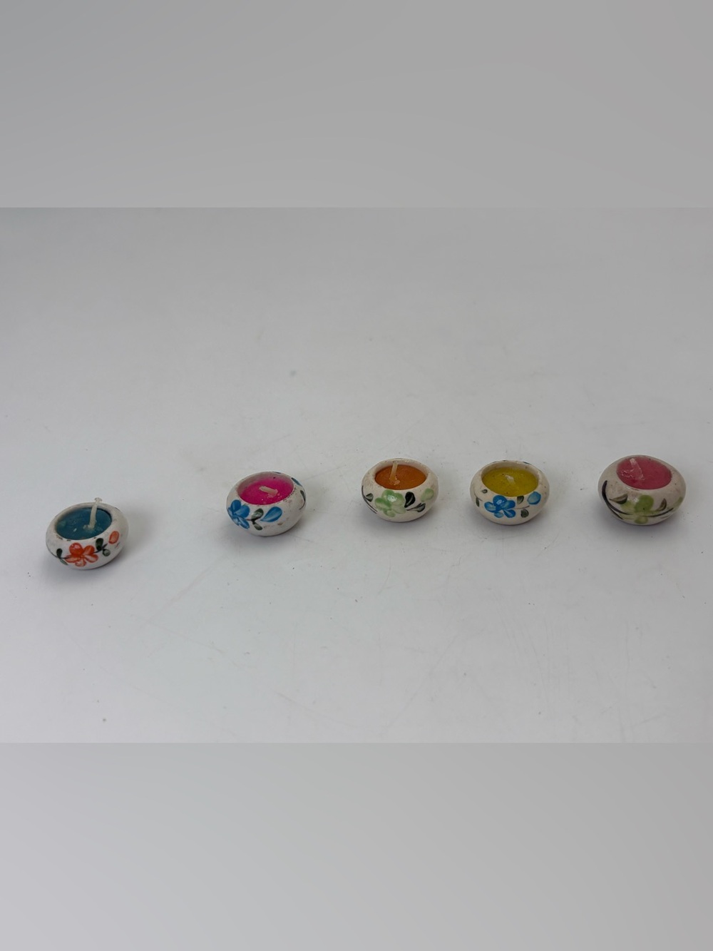 Adorable Hand-Painted Pottery Mini Candles with Floral Accents - Set of 5